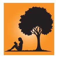Silhouette illustration of a woman reading a book under a tree in peaceful setting vector