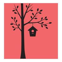 Silhouette of a tree with a birdhouse hanging from a branch on a pink background. vector