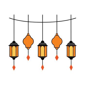 Tres naranja linternas colgando en un cuerda vector
