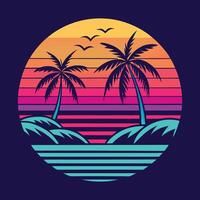 retro style palm trees and sunset on the beach vector