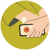 Man scanning glucose monitor with smartphone. Woman using a smartphone to scan a continuous glucose monitor on her arm. Continuous glucose monitor . Diabetes management and health technology. vector