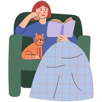Woman sitting in a chair with a cat, wrapped in a blanket and reading a book. Flat illustration representing comfort, leisure, and quiet time indoors. vector