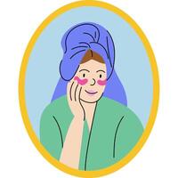 Woman enjoying skincare routine with towel wrap. Relaxed woman wearing a towel wrap and robe, applying under-eye patches as part of her skincare routine. vector