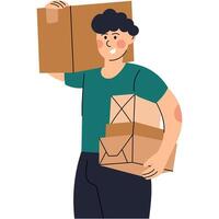Man holding boxes in hands or delivering packages. Man holding cardboard boxes , representing delivery or moving service. vector