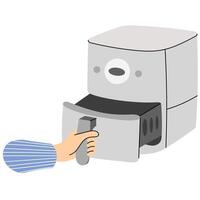 Opening air fryer drawer with hand. Hand pulling out the drawer of a modern air fryer, representing healthy cooking with minimal oil in a kitchen setting. vector