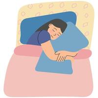 Woman sleeping while hugging a pillow. Illustration for concepts like sleep hygiene, bedtime routine, mental health, and self-care. vector