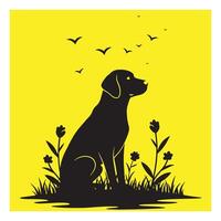 Silhouette of a dog sitting in a field with birds and flowers on yellow background vector