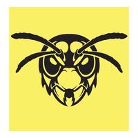 A bold graphic illustration of a stylized angry wasp head on a bright yellow background vector
