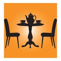 Silhouette illustration of a table with tea set and chairs in a warm orange gradient. vector