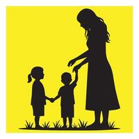 Mother and two children silhouetted walking on a yellow background representing family bonding vector