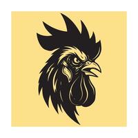 illustration of an imposing black rooster head against a yellow background. vector