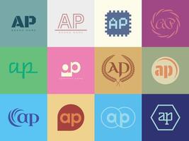 AP logo template. Letter a and p logotype. Set different classic serif lettering and modern bold text with design elements. Initial font typography. vector