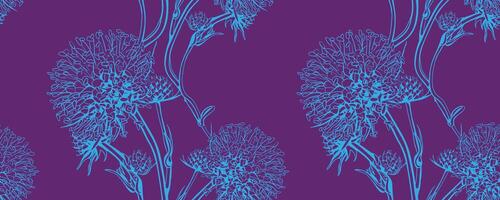 Elegant floral line art pattern. Subtle blue flowers on a deep purple background create a sophisticated and versatile design perfect for textiles, wallpaper, or website backgrounds. vector