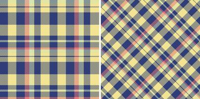 Two stylish plaid patterns in pastel yellow, navy, and coral. Perfect for textile design, website backgrounds, or crafting projects. These versatile patterns evoke feelings of warmth and comfort. vector