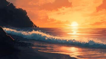 Sunset on the beach with waves crashing into the shore photo