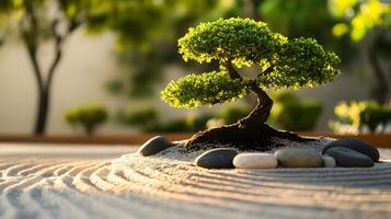 A small tree is sitting on top of a rock in a garden photo