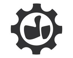 Minimalist icon featuring a thumbsup inside a gear, symbolizing efficient approval, functional agreement, or optimized success. Perfect for business, technology, or project management content. vector