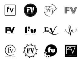FV logo template. Letter f and v logotype. Set different classic serif lettering and modern bold text with design elements. Initial font typography. vector