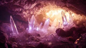 Amethyst crystals in a cave with light shining through photo