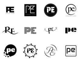 PE logo template. Letter p and e logotype. Set different classic serif lettering and modern bold text with design elements. Initial font typography. vector