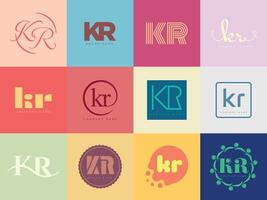 KR logo template. Letter k and r logotype. Set different classic serif lettering and modern bold text with design elements. Initial font typography. vector