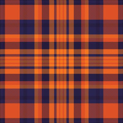 Vibrant pixelated plaid pattern in orange and navy. Retro textile design with a nostalgic feel, perfect for backgrounds, textures, or digital art projects.