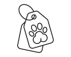 Minimalist line art illustration of two tags, one displaying a paw print, symbolizing pet care, animal adoption, or veterinary services. Modern, clean design. vector