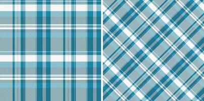 Stylish teal and white plaid patterns, perfect for textile design, fashion, or web backgrounds. Two distinct variations offer versatility a classic vertical plaid and a dynamic diagonal plaid. vector