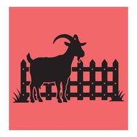 Silhouette of a black goat standing beside a wooden picket fence on a red background vector