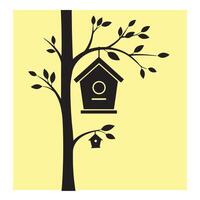 Stylized silhouette of a tree with birdhouses and leaves on a yellow background vector