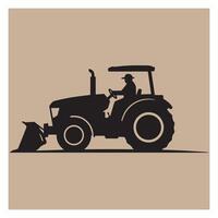 Silhouette illustration of a farmer driving a tractor with a front end loader on beige background vector