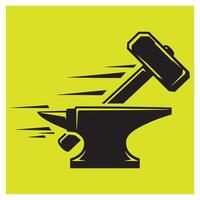 Bold blacksmithing illustration featuring hammer striking anvil with abstract motion lines vector