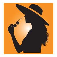 Silhouette of a stylish woman wearing a wide brimmed hat and sunglasses against orange background vector