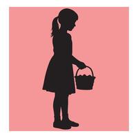 Silhouette of a young girl with a basket standing on a pink background simple design vector