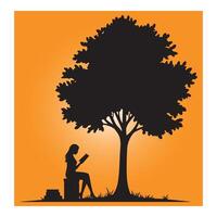 Silhouette of a woman reading a book under a tree on an orange background vector