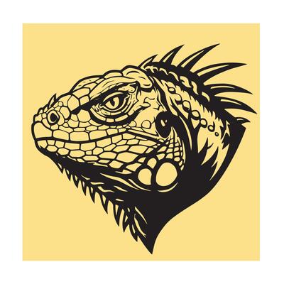 Stylized black and white head of an iguana illustration against a yellow background