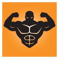 Silhouette of a muscular bodybuilder flexing on an orange gradient background vector