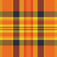 Vibrant autumnal plaid pattern. Warm orange and yellow hues intersect with dark accents, creating a textured, energetic design perfect for fallthemed projects, apparel, or website backgrounds. vector