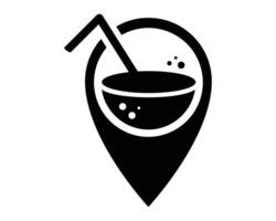 Modern, bold icon of a drink with a straw inside a map marker, suggesting a vacation destination, favorite bar location or refreshing find. Clean design. Versatile use. vector