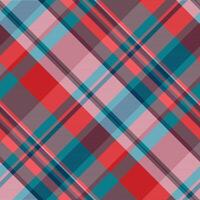 Idyllic check tartan pattern, tweed plaid textile. Simplicity fabric seamless texture background in red and cyan colors. vector