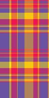 Brazil check tartan texture, summer seamless plaid textile. Structure background fabric pattern in bright and radioactive colors. vector