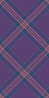 1970s check plaid, free textile background texture. Manufacturing seamless tartan fabric pattern in violet and cyan colors. vector