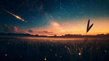 A field with grass and a shooting star in the sky photo