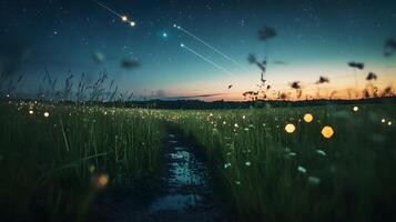 A field with grass and flowers under a starry sky photo