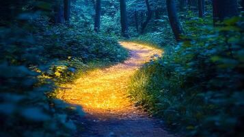 A path in the woods with yellow lights photo