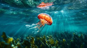 A jellyfish floats in the ocean with sunlight shining through the water photo