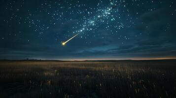 A shooting star is seen in the sky over a field photo