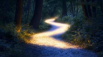 A path in the woods with light shining on it photo