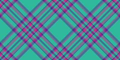 Vibrant pixelated plaid pattern with intersecting lines in teal, purple, and pink. Ideal for backgrounds, textiles, or graphic design projects requiring a retro or modern touch. vector