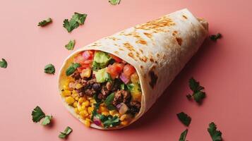 Deliciously Loaded Burrito on a Vibrant Coral Background Perfect for Food Blogs, Menus, and Social Media Promotions photo